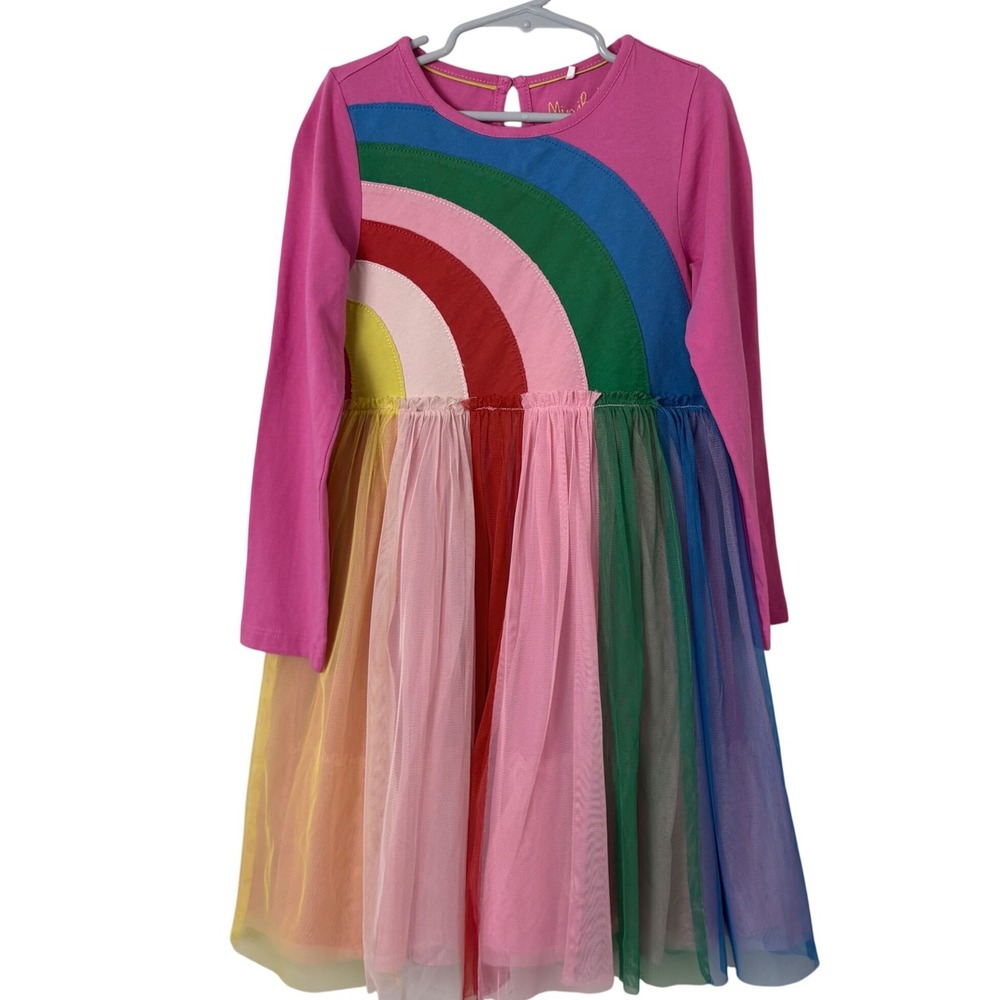 Mini Boden Tulle Dress Kids 7-8Y Pink Rainbow Long Sleeve Party